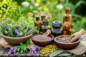 Herbal medicine preparations and remedies. - obrazy, fototapety, plakaty