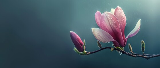 A spring pink and purple magnolia blossom flower branch, magnolia tree blossoms in springtime. tender pink flowers bathing in sunlight. warm april weather There are dew drops in the morning.