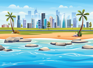 Ocean beach panorama with rocks on the seashore and cityscape view. Tropical beach with city landscape background cartoon illustration