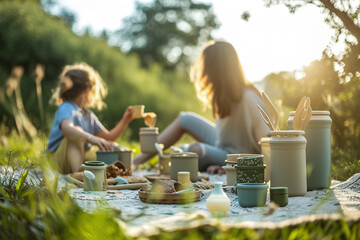 Family enjoying a picnic with reusable containers and bamboo utensils, zero-waste practices into everyday leisure activities. - obrazy, fototapety, plakaty