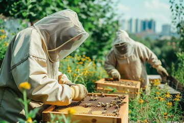 Beekeepers in protective gear caring for beehives on city rooftops, surrounded by blooming urban gardens.