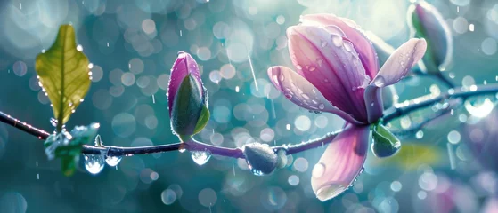 Foto op Plexiglas A spring pink and purple magnolia blossom flower branch, magnolia tree blossoms in springtime. tender pink flowers bathing in sunlight. warm april weather There are dew drops in the morning. © ND STOCK