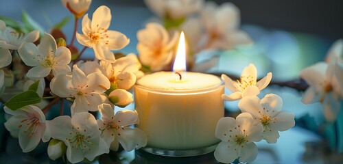 A serene setting with blooming flowers, gracefully paired with the gentle glow of a burning white candle for elegance and warmth.