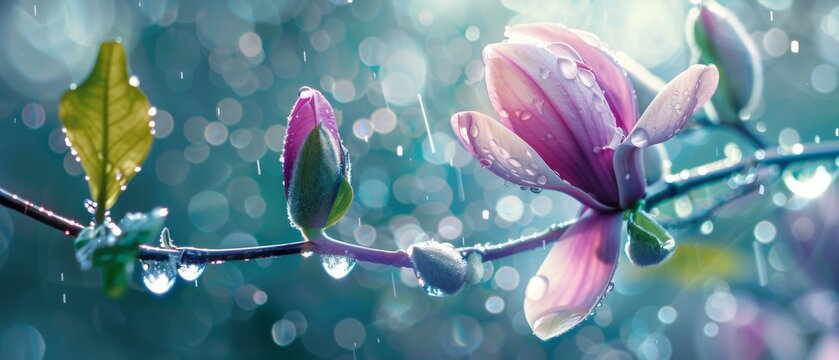A spring pink and purple magnolia blossom flower branch, magnolia tree blossoms in springtime. tender pink flowers bathing in sunlight. warm april weather There are dew drops in the morning.