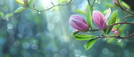 Gardinen A spring pink and purple magnolia blossom flower branch, magnolia tree blossoms in springtime. tender pink flowers bathing in sunlight. warm april weather There are dew drops in the morning. © ND STOCK