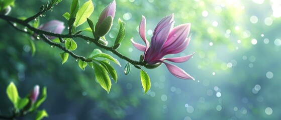 A spring pink and purple magnolia blossom flower branch, magnolia tree blossoms in springtime....