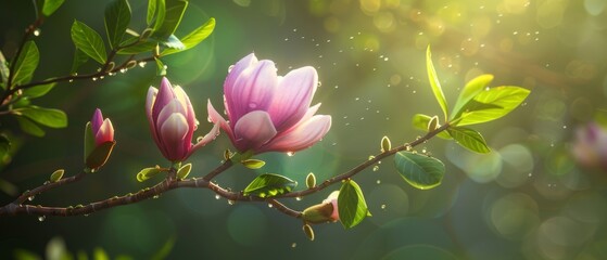 A spring pink and purple magnolia blossom flower branch, magnolia tree blossoms in springtime....