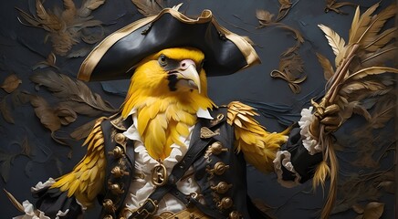 a Canary Embodied as a Pirate, With Intricate Brushstrokes Depicting the Feathery Swashbuckler's...