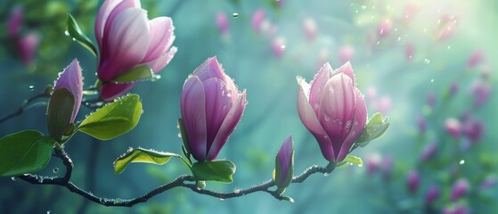 A spring pink and purple magnolia blossom flower branch, magnolia tree blossoms in springtime....