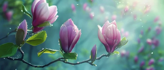 Gordijnen A spring pink and purple magnolia blossom flower branch, magnolia tree blossoms in springtime. tender pink flowers bathing in sunlight. warm april weather There are dew drops in the morning. © ND STOCK
