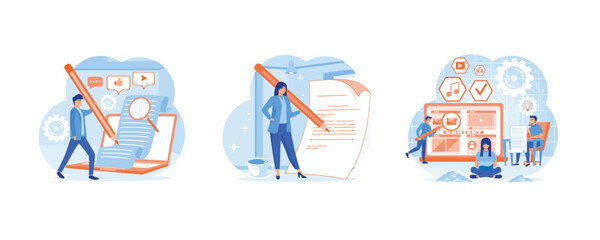 Content writer. Content writer, blogger, bullet journalist or publishing editor concept. Creating Content, Copywriting, Marketing Concept. Set flat vector modern illustration