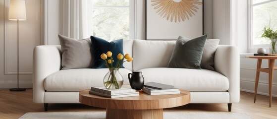 Scandinavian home interior design. Round wood coffee table against white sofa. 