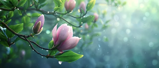Fotobehang A spring pink and purple magnolia blossom flower branch, magnolia tree blossoms in springtime. tender pink flowers bathing in sunlight. warm april weather There are dew drops in the morning. © ND STOCK