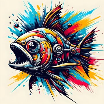 Piranha in steampunk style with bright brushstrokes on white canvas.