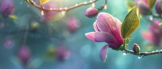 A spring pink and purple magnolia blossom flower branch, magnolia tree blossoms in springtime. tender pink flowers bathing in sunlight. warm april weather There are dew drops in the morning. - obrazy, fototapety, plakaty