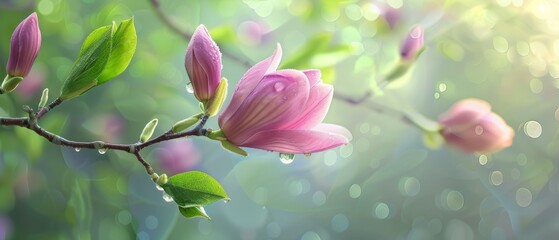 Obraz premium A spring pink and purple magnolia blossom flower branch, magnolia tree blossoms in springtime. tender pink flowers bathing in sunlight. warm april weather There are dew drops in the morning.