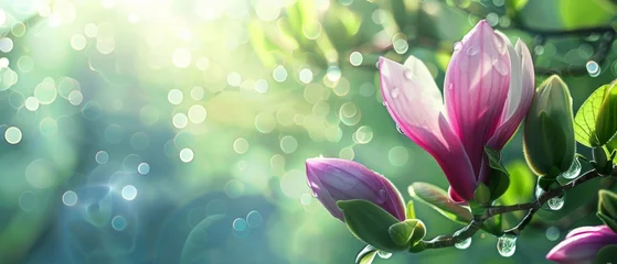 Foto op Canvas A spring pink and purple magnolia blossom flower branch, magnolia tree blossoms in springtime. tender pink flowers bathing in sunlight. warm april weather There are dew drops in the morning. © ND STOCK