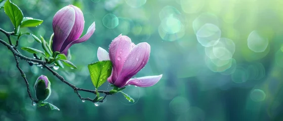 Plexiglas foto achterwand A spring pink and purple magnolia blossom flower branch, magnolia tree blossoms in springtime. tender pink flowers bathing in sunlight. warm april weather There are dew drops in the morning. © ND STOCK