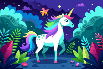 Fototapeta premium A whimsical unicorn stands amidst a vibrant forest, its ethereal aura illuminating the surroundings.