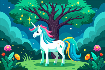 A majestic unicorn stands in a lush forest setting with vibrant trees towering in the background.