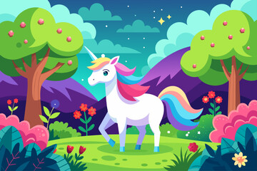 A whimsical unicorn stands amidst a vibrant forest, its ethereal aura illuminating the surroundings.