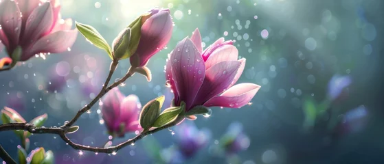 Poster A spring pink and purple magnolia blossom flower branch, magnolia tree blossoms in springtime. tender pink flowers bathing in sunlight. warm april weather There are dew drops in the morning. © ND STOCK
