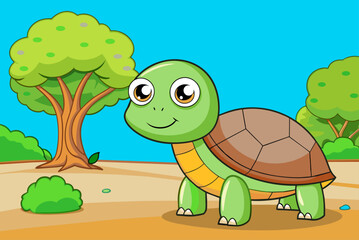 Obraz premium A cute turtle rests against a tree trunk, its shell blending into the bark.