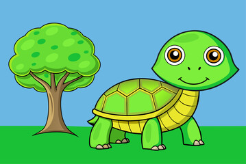 A small turtle with a tiny smile is posing in front of a bright green tree.