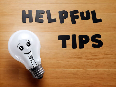 A light bulb with a smiling face drawn on it, next to the text words helpful tips on a wooden floor