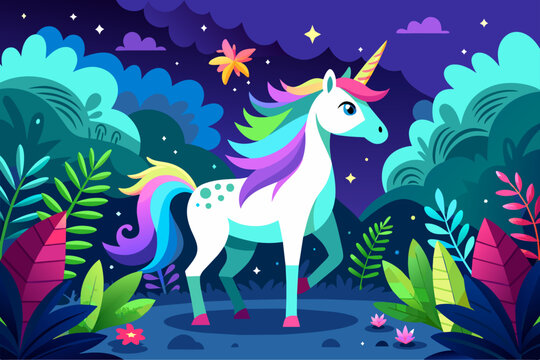 A whimsical unicorn stands amidst a vibrant forest, its ethereal aura illuminating the surroundings.