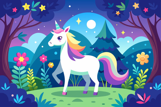 A majestic unicorn gallops through a vibrant green forest with towering trees.