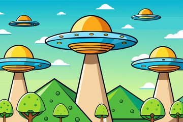 In the heart of a lush forest, an unidentified flying object hovers mysteriously with towering trees forming a verdant backdrop.