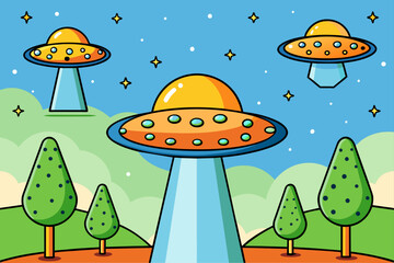 UFOs hover over a lush forest canopy.