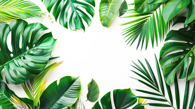 Creative layout made of colorful tropical leaves on white background, exotic summer concept with copy space, border arrangement.