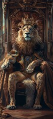 A powerful image of a lion king sitting in his throne room adorned with a crown and a royal robe embodying the essence of sovereignty