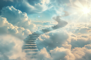 A stairwell rises majestically into the ethereal expanse of clouds, evoking the heavenly realms