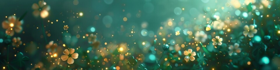 Clovers amidst a dance of golden and teal orbs evoking a sense of wonder and the delicate balance of nature in a mystical setting - obrazy, fototapety, plakaty