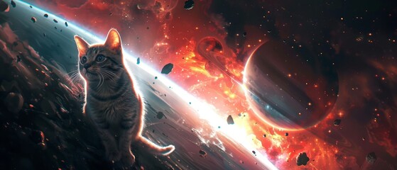 An adventurous space cat on a spacewalk with a stunning orbital sunrise illuminating the vacuum of space and an asteroid belt in the distance - obrazy, fototapety, plakaty
