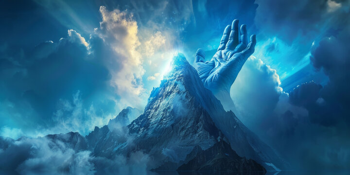 A surreal portrayal of Gods hand reaching down from a dazzling blue fantasy sky touching the peak of an ancient mountain