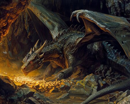 A dramatic scene of a fierce dragon guarding a hoard of glittering treasures