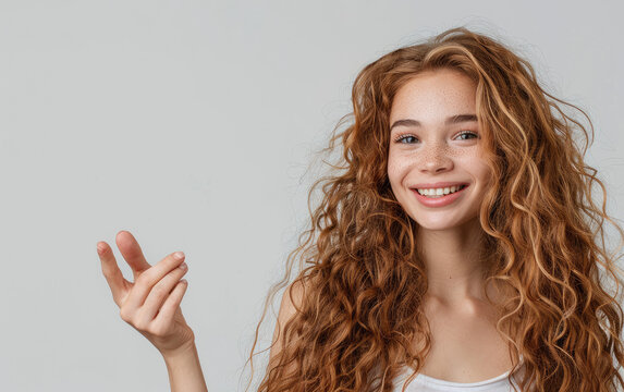 A beautiful smiling woman with long curly hair pointing at her hand