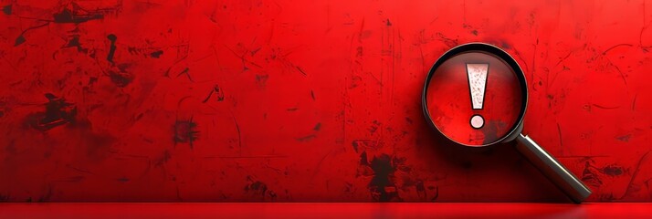 Magnifier highlighting exclamation point red backdrop Emphasizing danger hazard and precaution
