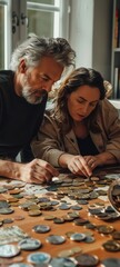 Serious elderly couple meticulously organizing coins a narrative of couples financial unity for retirement - obrazy, fototapety, plakaty