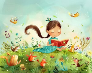 Young girl in a cartoon meadow reading a fairy tale with imaginative creatures around serene park
