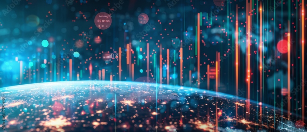 Poster an abstract visualization of the stock market with 3d graphs and figures floating against a backdrop