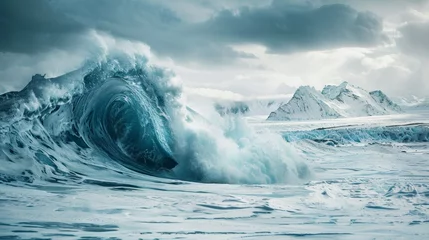 Foto op Plexiglas A surreal scene of a giant wave crashing over a city skyline © Shutter2U