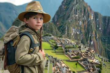 Young explorer dressed in ancient traveler attire