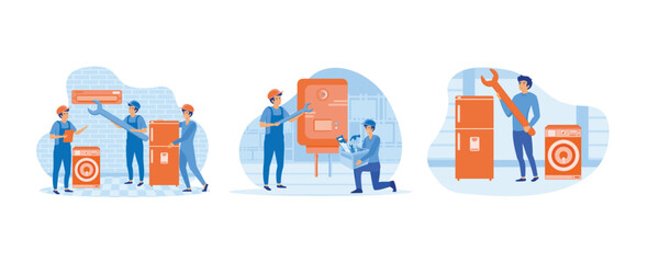 Obraz premium Electrician, mechanic or repairer at work. Plumber worker repairs broken water heater. Home appliance repair technician service with washing machine. Set flat vector modern illustration