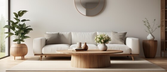 Fototapeta na wymiar Scandinavian home interior design. Round wood coffee table against white sofa. 