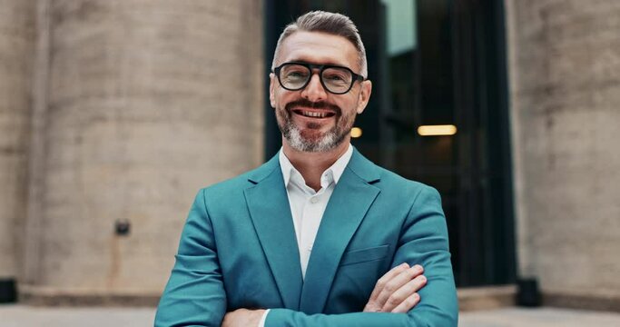 Businessman, smile and portrait with arms crossed for motivation, pride and happiness for corporate. Senior attorney, man and face with confidence for representative, vision and career at law firm